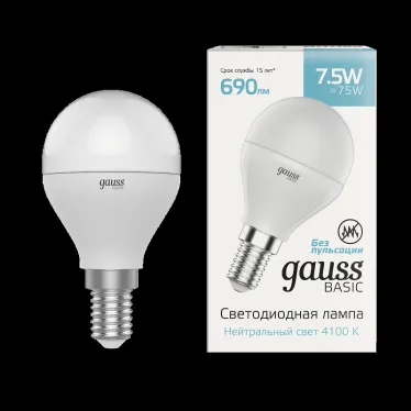 Лампа светодиодная Basic Шар 7,5W 690lm 4100K E14 LED 1/10/100 | 1053128 | Gauss