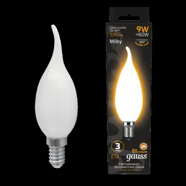 Лампа светодиодная Filament Свеча на ветру 9W 590lm 3000К Е14 milky LED 1/10/50 | 104201109 | Gauss