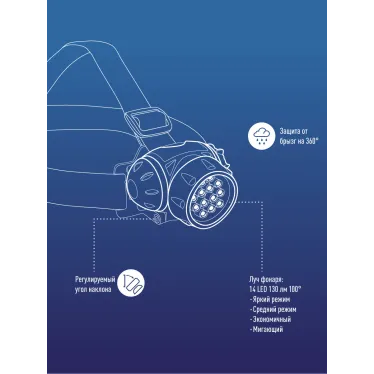 Фонарь налобный , 14 LED, 3 батарейки ААА, 130Lm,