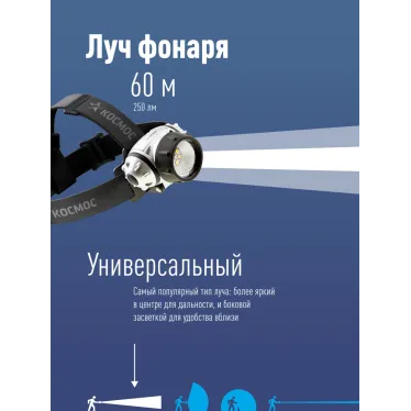 Фонарь налобный , XPE LED + 6 SMD, 3 батарейки ААА, 250Lm,