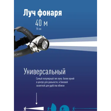 Фонарь налобный, 7 LED, 3 батарейки ААА, 70Лм