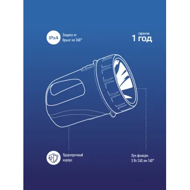Фонарь-прожектор аккумуляторный, 3W LED, аккум. 6V 4,5Ah, 240Лм, 20 часов