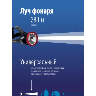 Фонарь налобный аккумуляторный , 5W LED, аккум. 4V 2Ah, 280 Lm, 3 часа,