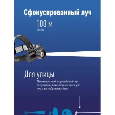 Фонарь налобный аккумуляторный, 3W, аккум. 3,7V 1,2Ah, 180Лм, 8 часов