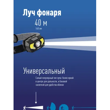 Фонарь налобный , 3W, 3 батарейки ААА, 140Lm,