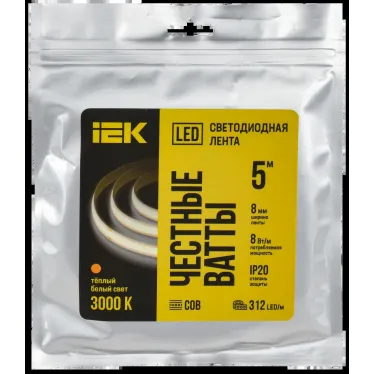 Лента LED 5м COB-312LED 8Вт/м IP20 8мм 24В 3000К IEK