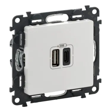 Valena LIFE Белый Зарядное устройство с 2-мя USB-разьемами тип А-тип С 240В/5В 3000мА С лицевой панелью | 753106 | Legrand