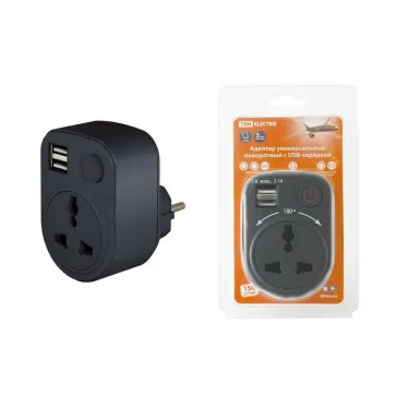 Адаптер универсальный поворотный с/з 250В 16А + 2USB 2.1A черный | SQ1806-0184 | TDM
