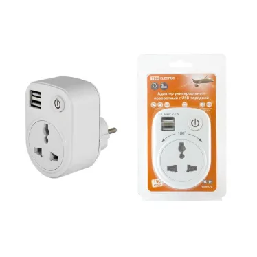 Адаптер универсальный поворотный с/з 250В 16А + 2USB 2.1A белый | SQ1806-0183 | TDM