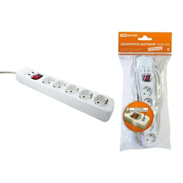 Удлинитель бытовой  У05В-USB 5 гнезд, 2USB разъема, 1,5 метра, вык., з/к, ПВС 3х1мм2  16А/250В  | SQ1303-0302 | TDM