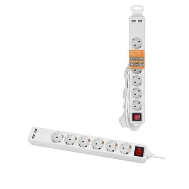 Удлинитель бытовой У06В-USB 6 гнезд, 2USB 2,4А, 3 м, вык., з/к, ПВС 3х0,75мм2 10А/250В белый | SQ1303-0307 | TDM