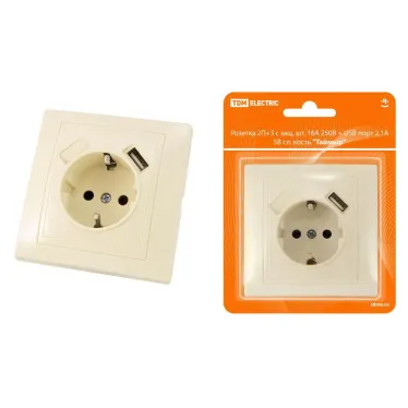 Розетка 2П+З с защ. шт. 16А 250В + USB порт 2,1А 5В сл. кость "Таймыр" | SQ1814-0140 | TDM