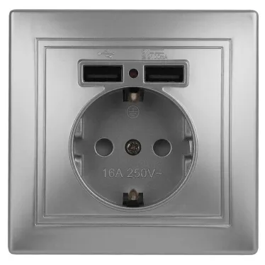 1-410-03 Intro Розетка+USB, IP20, СУ, Plano, алюминий | Б0043249 | Intro