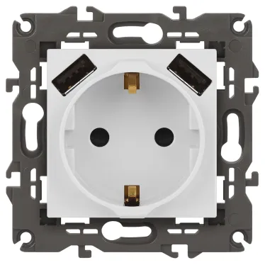 Розетка Elegance 14-4109-01М 2P+E 16A-250В, штор. с 2xUSB 5В-3А, белый матовый