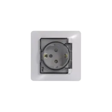 GLOSSA Розетка с заземлением со шторками с крышкой белая в сборе IP44