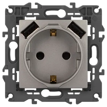 Розетка Elegance 14-4109-16 2P+E 16A-250В, штор. с 2xUSB 5В-3А, титан