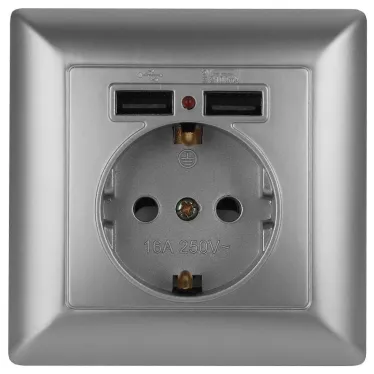 4-410-03 Intro Розетка P+E Schuko со шторками, 16А-250В + 2хUSB, СУ, Solo, алюминий | Б0043405 | Intro