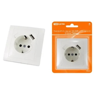 Розетка 2П+З с защ. шт. 16А 250В + USB порт 2,1А 5В белая "Таймыр" | SQ1814-0040 | TDM