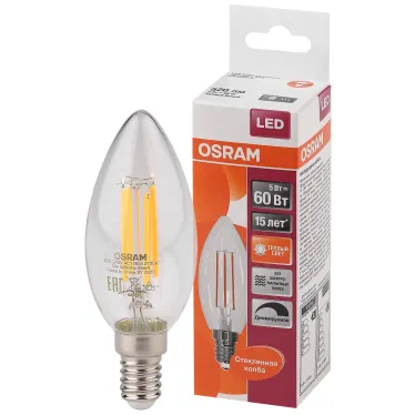 Лампа светодиодная LED 5Вт E14 CLB60D тепло-бел, Filament диммируемая,прозр.свеча OSRAM