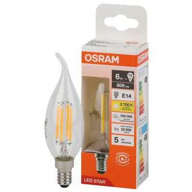 Лампа светодиодная филаментная LED Star Свеча на етру 6Вт (замена 75Вт), 750Лм, 2700К, цоколь E14 OSRAM
