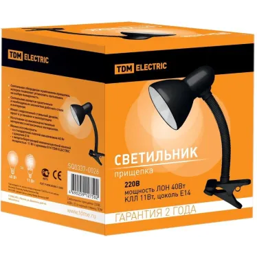 Светильник настольный прищепка 40Вт ЛН/КЛЛ/LED Е27 черный глянец | SQ0337-0026 | TDM