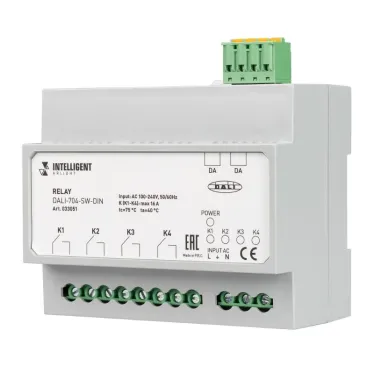 INTELLIGENT ARLIGHT Релейный модуль DALI-704-SW-DIN (BUS, 4х16A) (IARL, IP20 Пластик, 3 года) | 033051 | Arlight