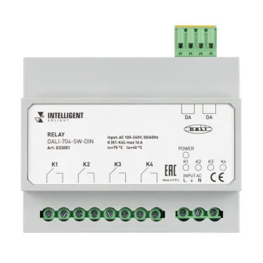 INTELLIGENT ARLIGHT Релейный модуль DALI-704-SW-DIN (BUS, 4х16A) (IARL, IP20 Пластик, 3 года) | 033051 | Arlight