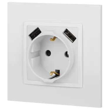 Розетка Elegance 14-4109-01М 2P+E 16A-250В, штор. с 2xUSB 5В-3А, белый матовый