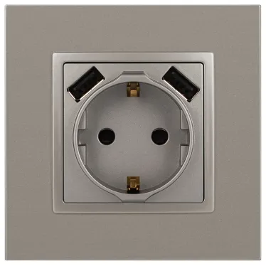 Розетка Elegance 14-4109-16 2P+E 16A-250В, штор. с 2xUSB 5В-3А, титан