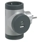 Тройник с поворотным основанием и 2xUSB A+C (3А) зарядками серии Комфорт 2x2К+З, цвет: алюминиево-черный