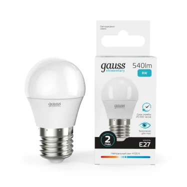 Лампа светодиодная LED 8 Вт 540 лм 4100К шар P45 нейтральный E27 AC 220В Elementary Gauss