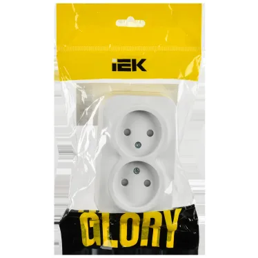 GLORY Розетка 2-местная для открытой установки без заземления с защитными шторками 10А РСш22-2-ХБм белый матовый IEK