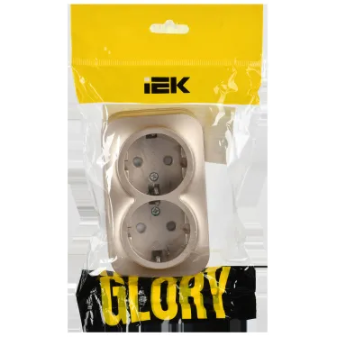 GLORY Розетка 2-местная для открытой установки с заземлением с защитными шторками 16А РСш22-3-ХШм шампань матовый IEK