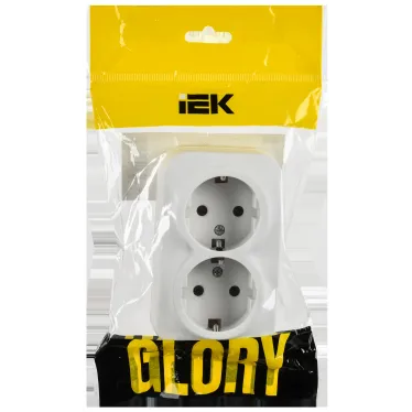 GLORY Розетка 2-местная для открытой установки с заземлением без защитных шторок 16А РС22-3-ХБм белый матовый IEK