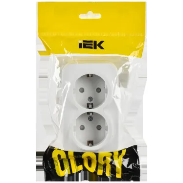 GLORY Розетка 2-местная для открытой установки с заземлением с защитными шторками 16А РСш22-3-ХБм белый матовый IEK
