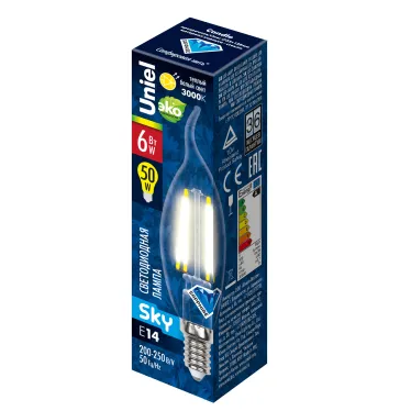 Лампа светодиодная LED 6вт 200-250В свеча на ветру прозрачное 500Лм Е14 3000К Sky филамент