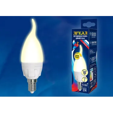 Лампа светодиодная LED-CW37 7W/3000K/E14/FR/DIM PLP01WH LED, димм.. «свеча на ветру», мат, серия Яркая, пр-во Россия, 3000К . | UL-00004299 | Uniel
