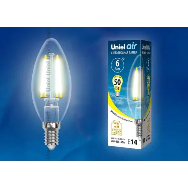 Лампа светодиодная LED-C35-6W/WW/E14/CL GLA01TR LED. "свеча", прозр серия Air. 3000K | UL-00002196 | Uniel