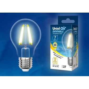 Лампа светодиодная LED-A60-7W/WW/E27/CL/DIM GLA01TR LED диммируемая. "груша" прозр серия Air. 3000K | UL-00002872 | Uniel
