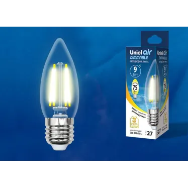 Лампа светодиодная LED-C35-9W/3000K/E27/CL/DIM GLA01TR LED диммируемая. "свеча", прозр серия Air. 3000K | UL-00005187 | Uniel