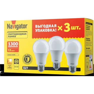 Лампа светодиодная 13вт NLL-A60-13-230-2.7K-E27-PACK3 (упаковка 3шт)