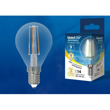 Лампа светодиодная LED-G45-9W/3000K/E14/CL/DIM GLA01TR LED диммируемая. "шар", прозр серия Air. 3000K | UL-00005191 | Uniel
