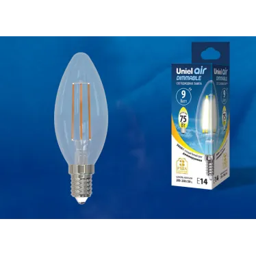 Лампа светодиодная LED-C35-9W/3000K/E14/CL/DIM GLA01TR диммируемая. Форма ''свеча'', прозрачная. Air. Теплый (3000K). Картон.