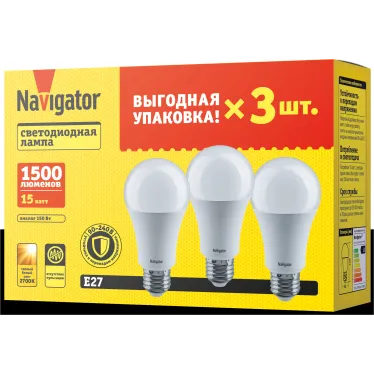 Лампа светодиодная 15вт NLL-A60-15-230-2.7K-E27-PACK3 (упаковка 3шт)