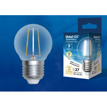 Лампа светодиодная LED-G45-9W/4000K/E27/CL/DIM GLA01TR LED диммируемая. "шар", прозр серия Air. 4000K | UL-00005194 | Uniel