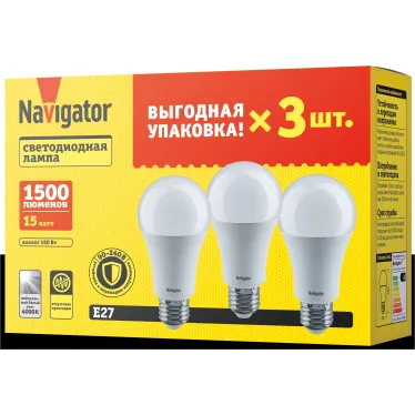 Лампа светодиодная 15вт NLL-A60-15-230-4K-E27-PACK3 (упаковка 3шт)