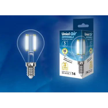 Лампа светодиодная LED-G45-5W/NW/E14/CL/DIM GLA01TR LED диммируемая. "шар", прозр серия Air. 4000K | UL-00002870 | Uniel