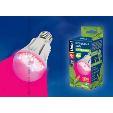 Лампа светодиодная LED-A60-9W/SP/E27/CL ALM01WH LED для растений. "груша" прозрачная колба. Материал корпуса пластик. Упаковка . | 09645 | Uniel