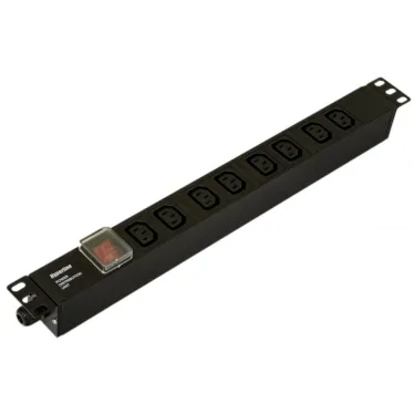 Блок розеток для 19' шкафов. горизонтальный. 8 розеток IEC320 C13. выключатель в подсветкой. без кабеля питания. клеммная колодка 16A. 250В. 482.6x44.4x44.4мм (ШхГхВ). корпус алюминий. черный