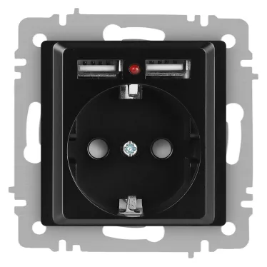 Розетка Intro Accent 6-410-05 , P+E Schuko со шторками, 16А-250В + 2хUSB, IP20, СУ, антрацит
